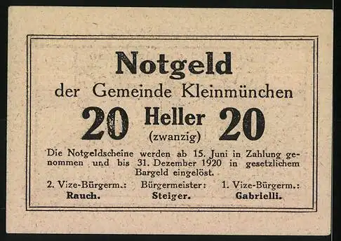 Notgeld Kleinmünchen 1920, 20 Heller, Stadtansicht mit Bergen im Hintergrund