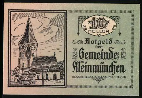 Notgeld Kleinmünchen 1920, 10 Heller, Kirche und Inschrift der Gemeinde Kleinmünchen