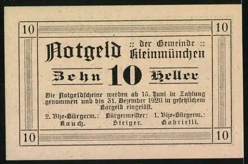 Notgeld Kleinmünchen 1920, 10 Heller, Kirche und Inschrift der Gemeinde Kleinmünchen