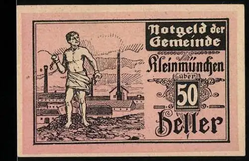 Notgeld Kleinmünchen 1921, 50 Heller, Arbeiter vor Fabrikszene