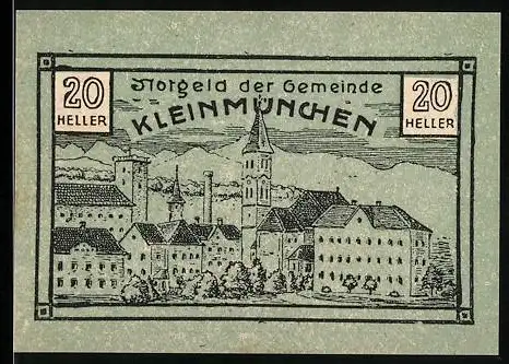 Notgeld Kleinmünchen 1920, 20 Heller, Stadtansicht mit Kirche und Gebäuden