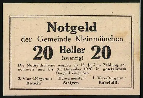 Notgeld Kleinmünchen 1920, 20 Heller, Stadtansicht mit Kirche und Gebäuden