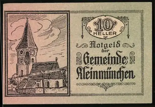 Notgeld Kleinmünchen 1920, 10 Heller, Kirche und Gemeindeaufschrift