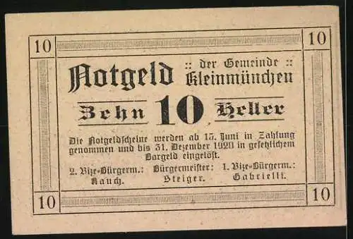 Notgeld Kleinmünchen 1920, 10 Heller, Kirche und Gemeindeaufschrift