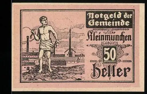 Notgeld Kleinmünchen 1921, 50 Heller, Arbeiter vor Fabriklandschaft