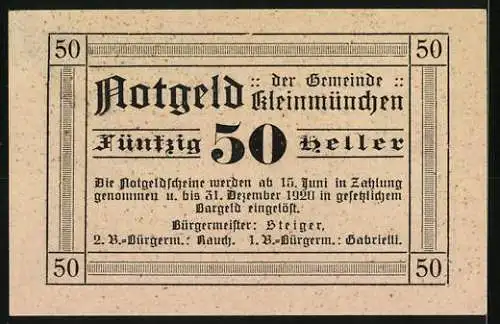 Notgeld Kleinmünchen 1921, 50 Heller, Arbeiter vor Fabriklandschaft