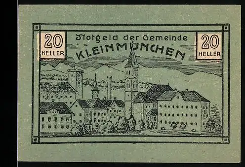 Notgeld Kleinmünchen 1920, 20 Heller, Stadtansicht mit Bergen im Hintergrund