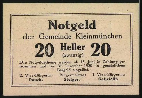 Notgeld Kleinmünchen 1920, 20 Heller, Stadtansicht mit Bergen im Hintergrund