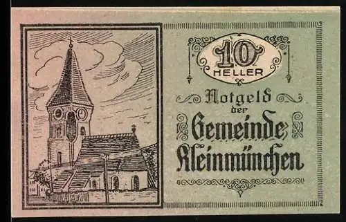 Notgeld Kleinmünchen 1921, 10 Heller, Kirche und Schriftzug