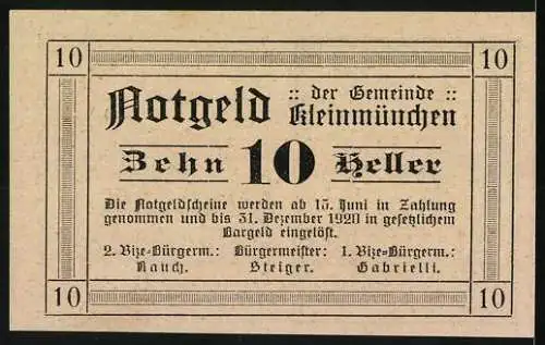 Notgeld Kleinmünchen 1921, 10 Heller, Kirche und Schriftzug