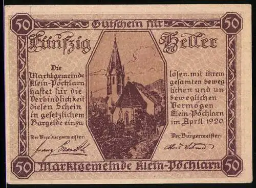 Notgeld Klein-Pöchlarn 1920, 50 Heller, Kirche und Wappen mit Justitia-Motiv