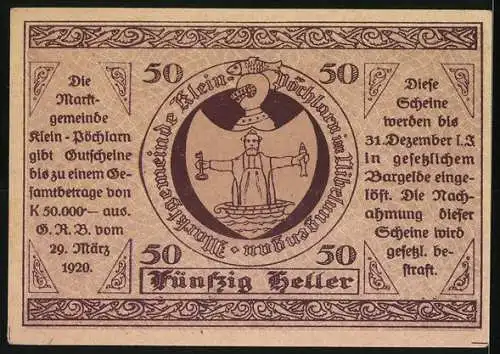 Notgeld Klein-Pöchlarn 1920, 50 Heller, Kirche und Wappen mit Justitia-Motiv