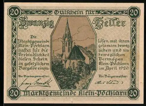 Notgeld Klein-Pöchlarn 1920, 20 Heller, Kirche und Wappen mit Justitia-Motiv