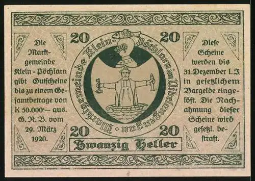 Notgeld Klein-Pöchlarn 1920, 20 Heller, Kirche und Wappen mit Justitia-Motiv