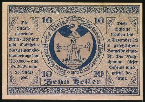 Notgeld Klein-Pöchlarn 1920, 10 Heller, Kirche und Wappen mit Frau und Waage