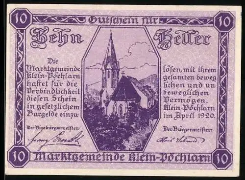 Notgeld Klein-Pöchlarn 1920, 10 Heller, Kirche und Wappen mit Waage-Motiv