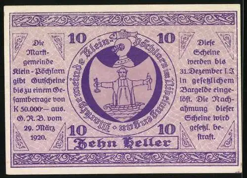 Notgeld Klein-Pöchlarn 1920, 10 Heller, Kirche und Wappen mit Waage-Motiv