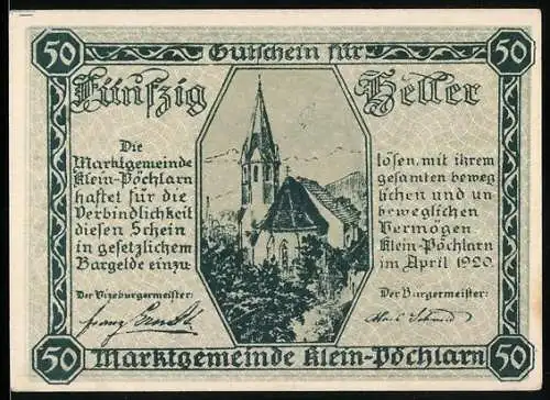 Notgeld Klein-Pöchlarn 1920, 50 Heller, Kirche und Wappen mit Figur