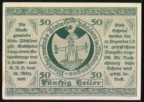 Notgeld Klein-Pöchlarn 1920, 50 Heller, Kirche und Wappen mit Figur