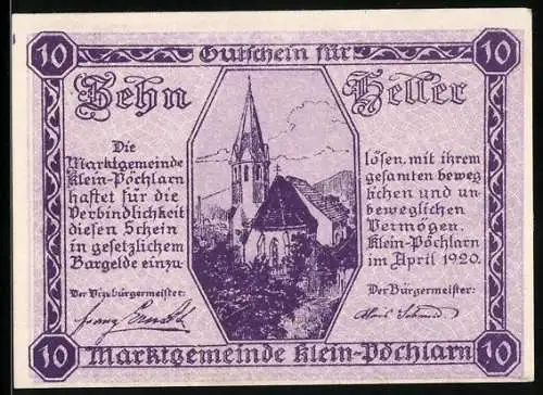 Notgeld Klein-Pöchlarn 1920, 10 Heller, Kirche und Wappen der Marktgemeinde