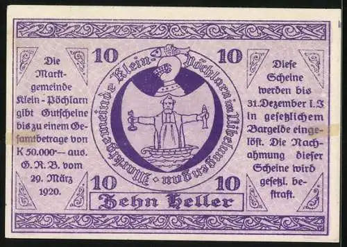 Notgeld Klein-Pöchlarn 1920, 10 Heller, Kirche und Wappen der Marktgemeinde