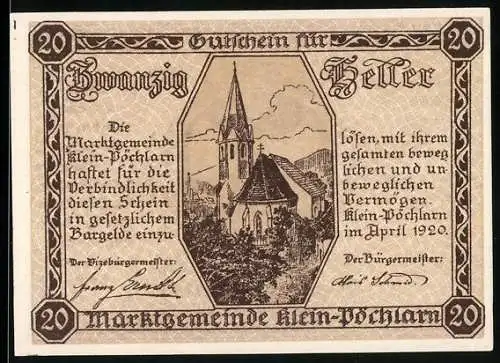 Notgeld Klein-Pöchlarn 1920, 20 Heller, Kirche und Wappen