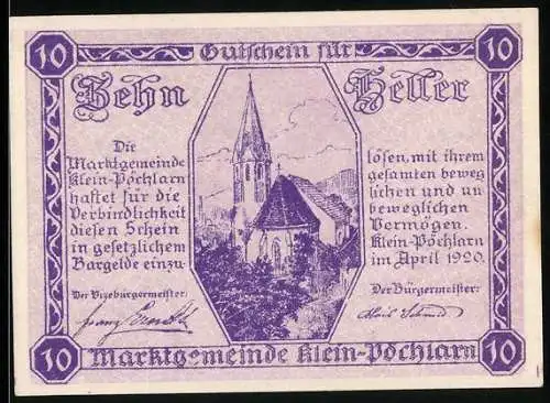 Notgeld Klein-Pöchlarn 1920, 10 Heller, Kirche und Wappen