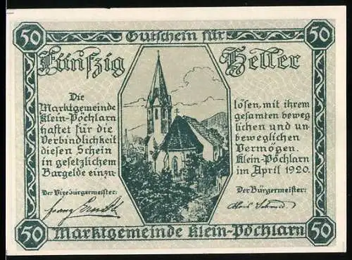 Notgeld Klein-Pöchlarn 1920, 50 Heller, Kirche und Wappen der Marktgemeinde Klein-Pöchlarn