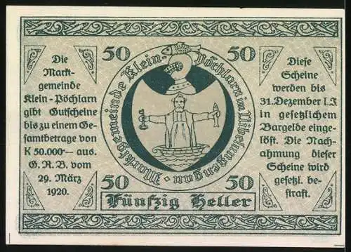 Notgeld Klein-Pöchlarn 1920, 50 Heller, Kirche und Wappen der Marktgemeinde Klein-Pöchlarn