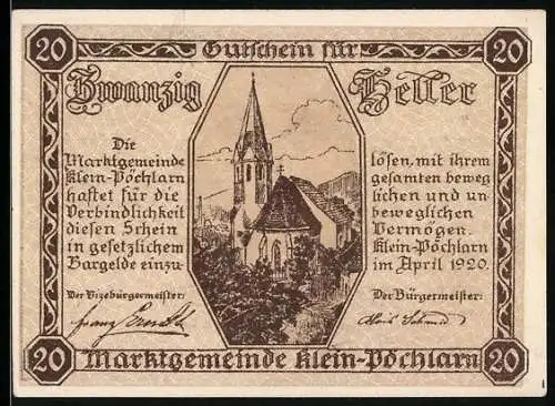 Notgeld Klein-Pöchlarn 1920, 20 Heller, Kirche und Wappen