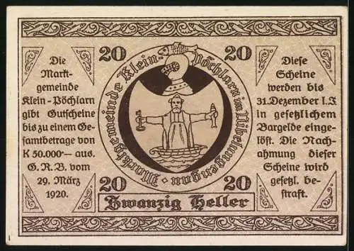 Notgeld Klein-Pöchlarn 1920, 20 Heller, Kirche und Wappen