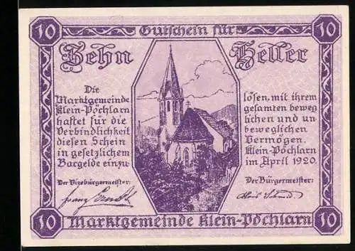 Notgeld Klein-Pöchlarn 1920, 10 Heller, Kirche und Justitia-Motiv, Wappen der Marktgemeinde