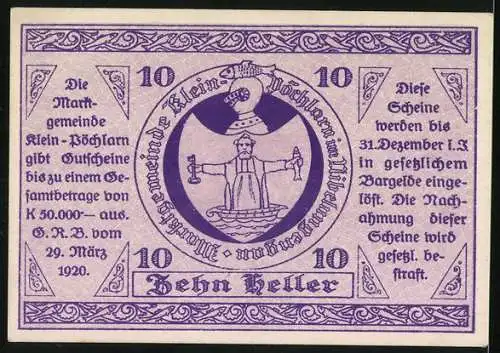 Notgeld Klein-Pöchlarn 1920, 10 Heller, Kirche und Justitia-Motiv, Wappen der Marktgemeinde