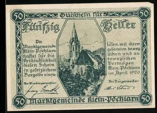 Notgeld Klein-Pöchlarn 1920, 50 Heller, Kirche und Wappen der Marktgemeinde