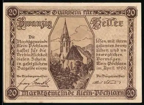 Notgeld Klein-Pöchlarn 1920, 20 Heller, Kirche und Wappen mit Justitia-Motiv