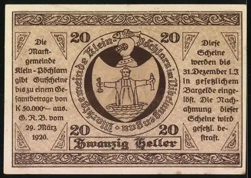 Notgeld Klein-Pöchlarn 1920, 20 Heller, Kirche und Wappen mit Justitia-Motiv