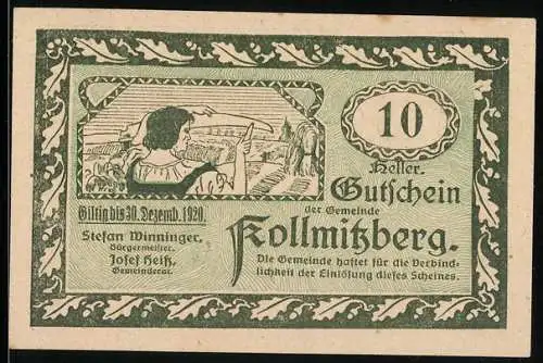 Notgeld Kollmitzberg 1920, 10 Heller, Maler mit Landschaft und Hahn neben Kirche und Dorf