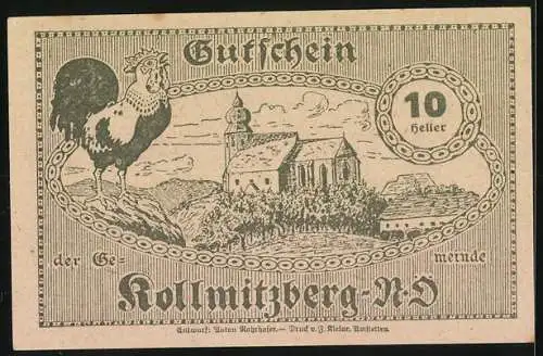 Notgeld Kollmitzberg 1920, 10 Heller, Maler mit Landschaft und Hahn neben Kirche und Dorf