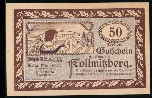 Notgeld Kollmitzberg 1920, 50 Heller, Mann zeigt auf Dorf und Hahn mit Kirche im Hintergrund