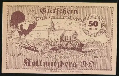 Notgeld Kollmitzberg 1920, 50 Heller, Mann zeigt auf Dorf und Hahn mit Kirche im Hintergrund