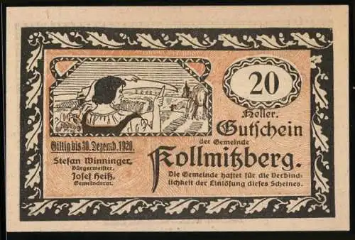 Notgeld Kollmitzberg 1920, 20 Heller, Frau mit Zeitung und Hahn vor Kirche