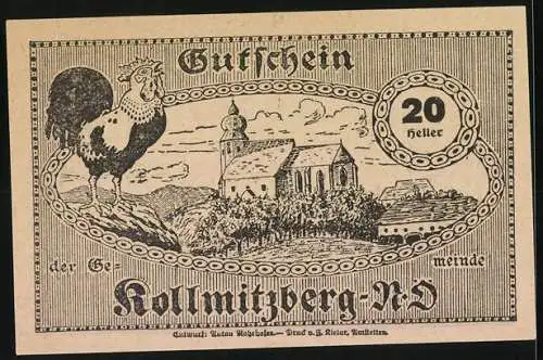 Notgeld Kollmitzberg 1920, 20 Heller, Frau mit Zeitung und Hahn vor Kirche