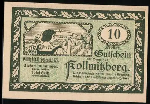 Notgeld Kollmitzberg 1920, 10 Heller, Künstler mit Landschaft und Hahn vor Kirche