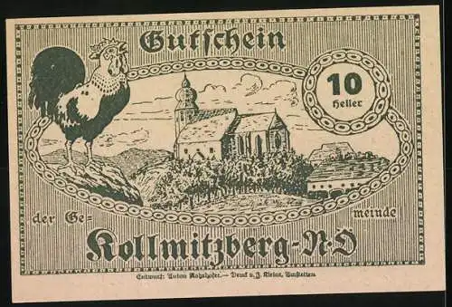 Notgeld Kollmitzberg 1920, 10 Heller, Künstler mit Landschaft und Hahn vor Kirche