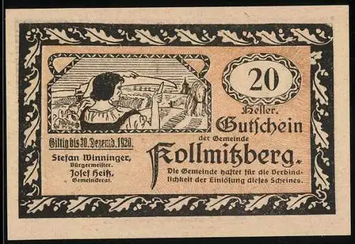 Notgeld Kollmitzberg 1920, 20 Heller, Frau mit Landschaft und Kirche, Hahn und Gebäude