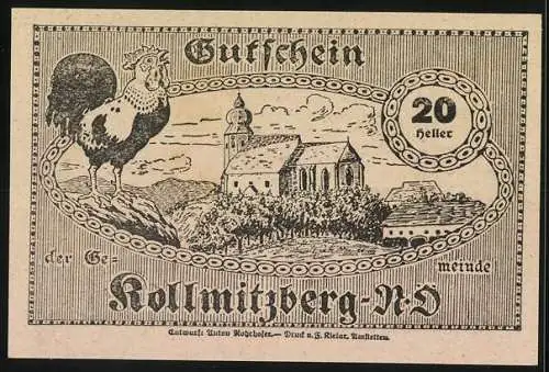 Notgeld Kollmitzberg 1920, 20 Heller, Frau mit Landschaft und Kirche, Hahn und Gebäude