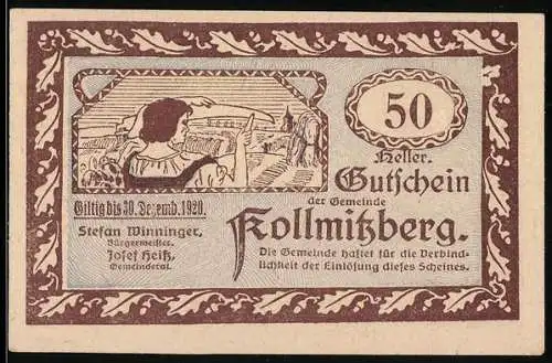 Notgeld Kollmitzberg 1920, 50 Heller, Bauer mit Sense und Hahn vor Kirche und Landschaft