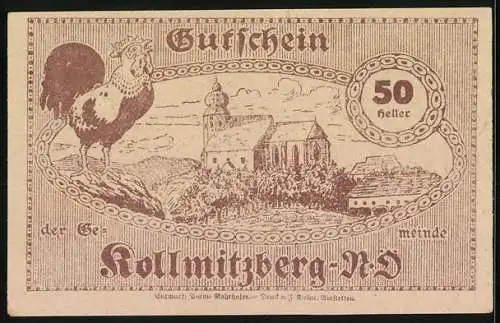 Notgeld Kollmitzberg 1920, 50 Heller, Bauer mit Sense und Hahn vor Kirche und Landschaft