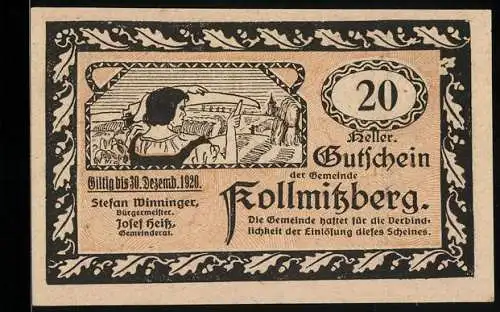 Notgeld Kollmitzberg 1920, 20 Heller, Landschaft mit Kirche und Hahn, Bauer mit Pflug