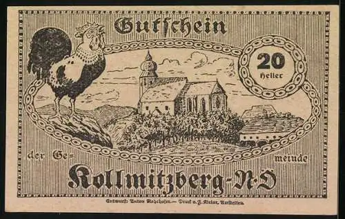 Notgeld Kollmitzberg 1920, 20 Heller, Landschaft mit Kirche und Hahn, Bauer mit Pflug